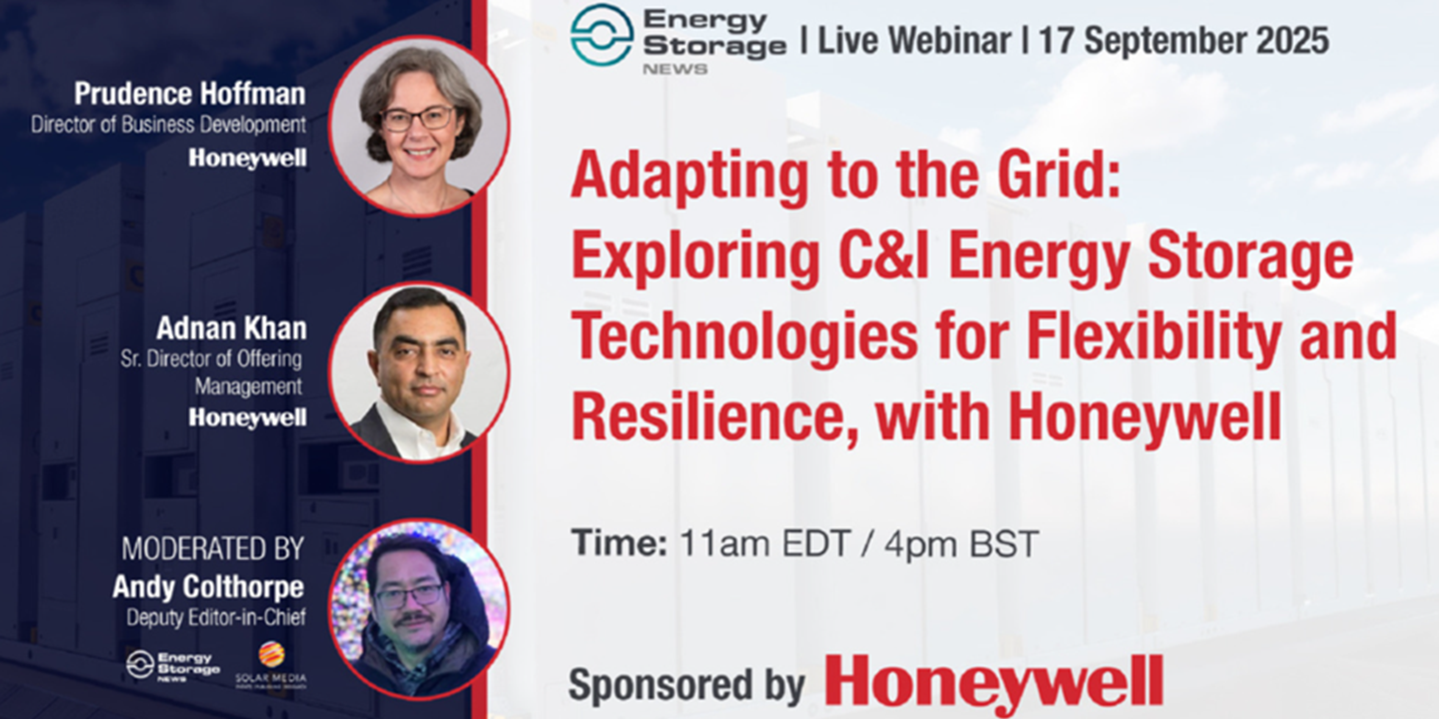 The banner for the September 2025 Energy Storage News live webinar, titled "Adapting to the Grid: Exploring C&I Energy Storage Technologies for Flexibility and Resilience, with Honeywell"